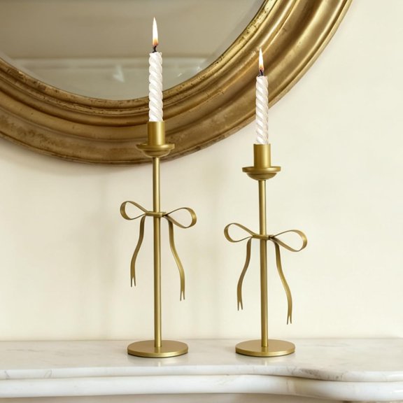 Gold Candlestick Holders Set of 2 Weighted Metal Bow Taper Candle Holders Vintage Candle Stick Holder Candelabra for Holiday Home Decor Fireplace Mantel Wedding Party Housewarming Gift