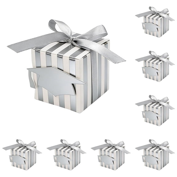 Gold Cap Boxes Verdsylv 20Pcs Gold Graduation Cap Gift Boxes with Ribbons - Striped Paper Candy Boxes for Snacks & Party Favor Bags, Party Favor Boxes, Silver