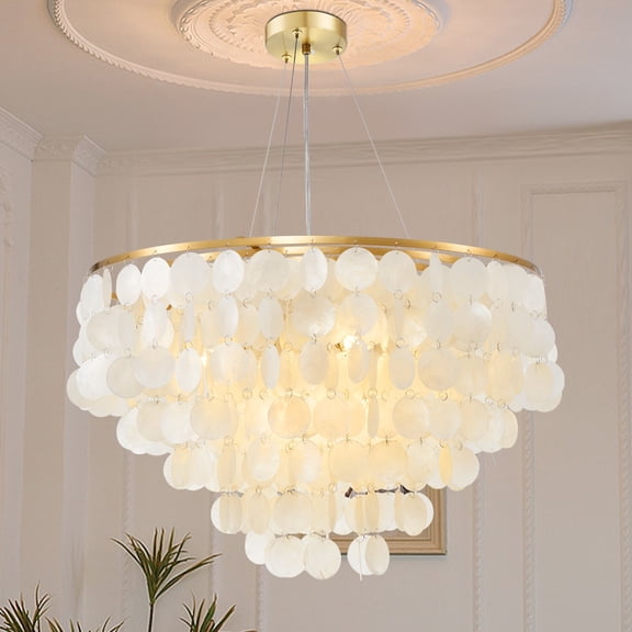 Gold Capiz Shell Chandelier 6-Light Pendant Light for Dining Room, Living Room
