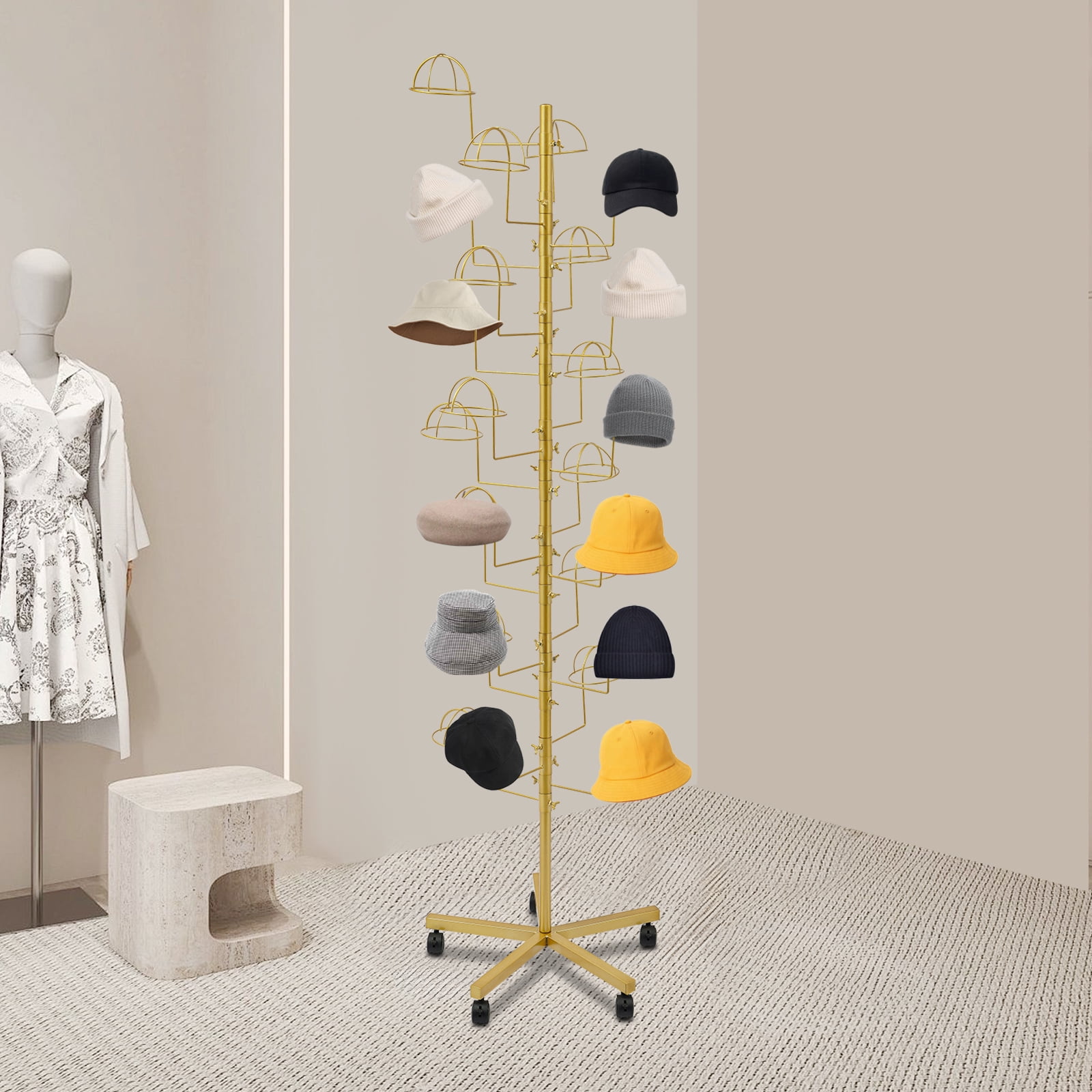 Gold Carbon Steel 19.7x70.9 Inch Hat Rack With Brake Wheel 25 Hook Hat ...