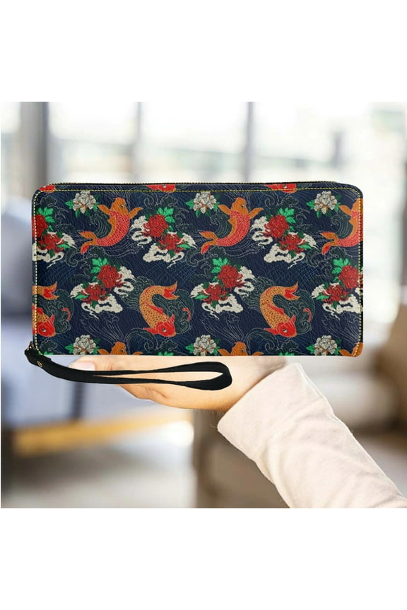 Gold Carp Lotus Designer Zipper Coin Purse Symbol Good Luck Fashion Girl Travel My Bag Passport Holder Pu Leather Wallet Gift