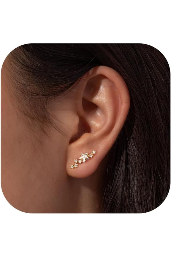 Gold Cartilage Climber Earrings for Women 14K Gold Plated Helix Stud Star Cluster Earrings Hypoallergenic CZ Tragus Conch Daith Piercing Jewelry Gift Ear Crawer