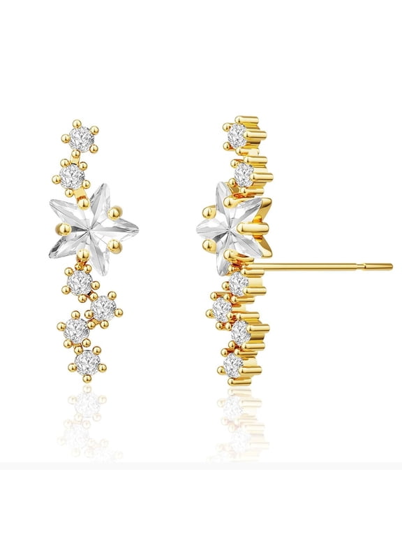 Gold Cartilage Climber Earrings for Women, 14K Gold Plated Star Cluster Helix Stud, Hypoallergenic CZ Tragus Conch Daith Piercing Jewelry Gift