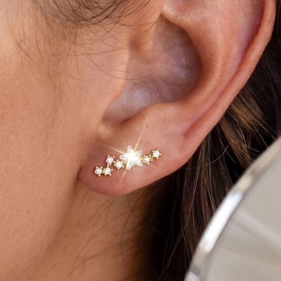 Gold Cartilage Climber Earrings for Women, 14K Gold Plated Star Cluster Helix Stud, Hypoallergenic CZ Tragus Conch Daith Piercing Jewelry Gift