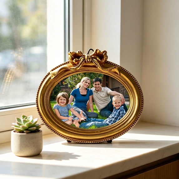 Gold Carved Photo Frame – Resin Bow Hanging Wall Frame with Stand 6 Shapes To Choose Versatile Tabletop & Wall Decor(F)