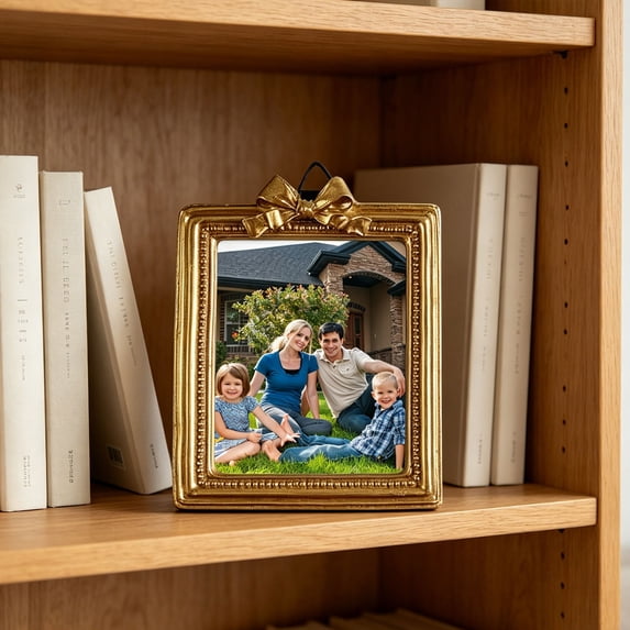 Gold Carved Resin Photo Frame – Bow Hanging Wall & Tabletop Display for Home Decor, Living Room, Bedroom, Gift (Shape A)