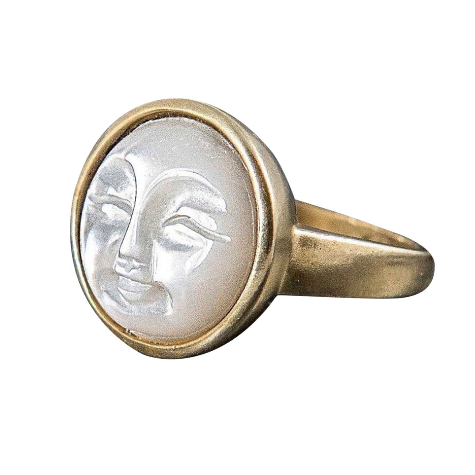 Moon Face Ring. Hand Casted Full Moon in Brass Gold Setting. 