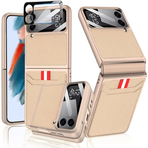 Gold Case Compatible for Samsung Galaxy Z Flip 4 Case with Card Holder & Camera Screen Protector,PU Leather Samsung Flip 4 Case Wallet Card Slot Cover Flip Phone Case for Galaxy Z Flip 4 5G Case