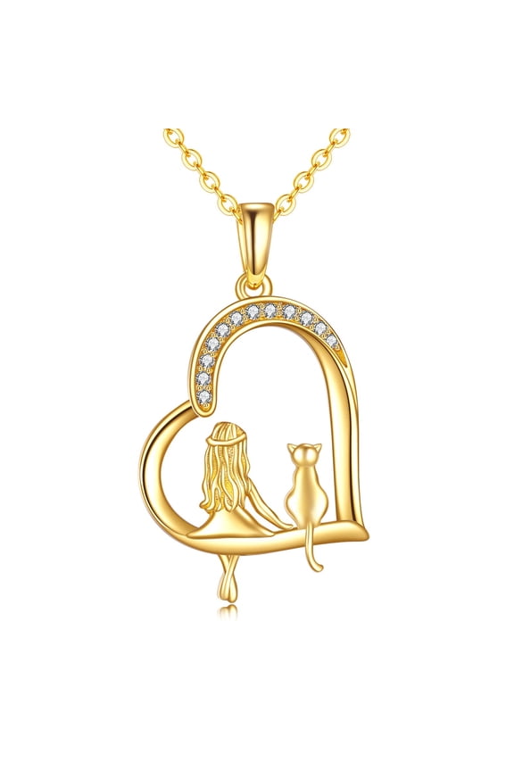 Gold Cat Necklace 14k Gold Cat Pendant Necklace Fine Gold Love Heart Pet Jewelry Christmas Gifts for Women Her Mother Friends Cat lover