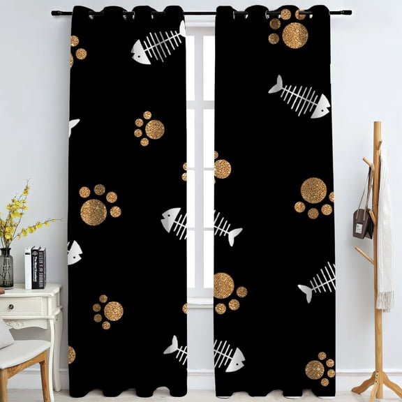 Gold Cat Paw Print Grommet Curtains For Bedroom, Black And White Fish Pattern Decorative Window Treatments , Energy Saving Window Drapes Suitable For Living Room Dorm Room 21"W x 45"L (Pack of 2)