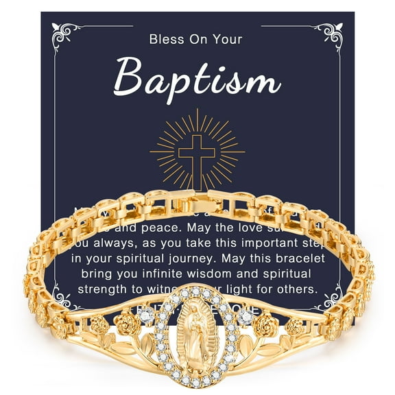 Gold Catholic Bracelet for Women, Bless On Your Baptism 14k Gold Plated Hypoallergenic Non Tarnish Bracelets, Dainty Cubic Zirconia Religious Baptism Virgin Mary Bracelets Gifts for Her