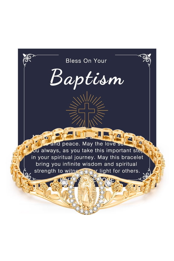 Gold Catholic Bracelet for Women, Bless On Your Baptism 14k Gold Plated Hypoallergenic Non Tarnish Bracelets, Dainty Cubic Zirconia Religious Baptism Virgin Mary Bracelets Gifts for Her
