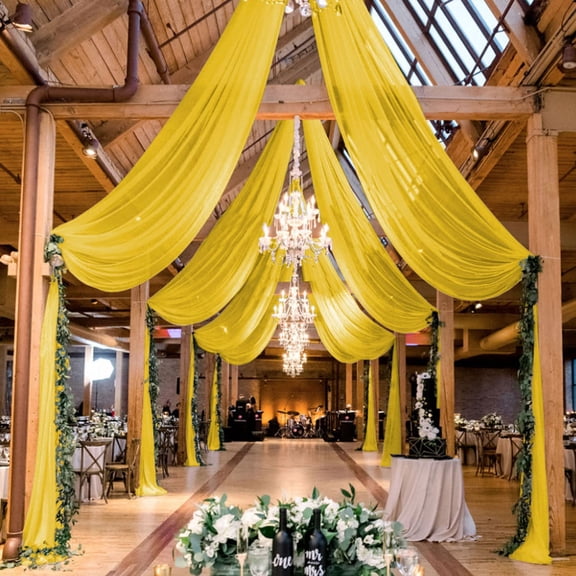 Gold Ceiling Drapes 5x20ft 2 Panels Wedding Arch Draping Fabric Sheer Drapery Tulle Covering Semi Chiffon Curtain Swag for Party Reception Decor