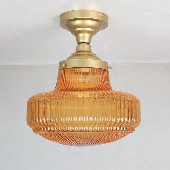 Gold Ceiling Light Amber Glass Shade Schoolhouse Light Fixture Semi-Flush Mount