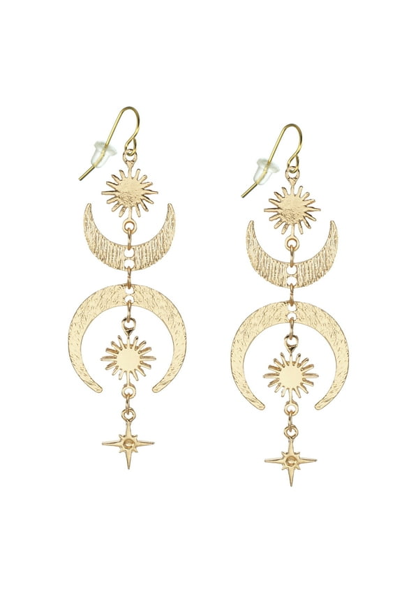 Gold Celestial Crescent Moon Sun and Stars Boho Statement Earrings, Hypoallergenic Ear Wires