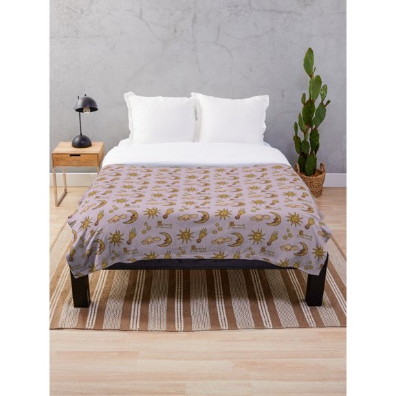Gold Celestial Sun, Crescent Moon and Stars Fleece Blanket, Polyester Fleece Fabric, 280 GSM, for Couch or Bed