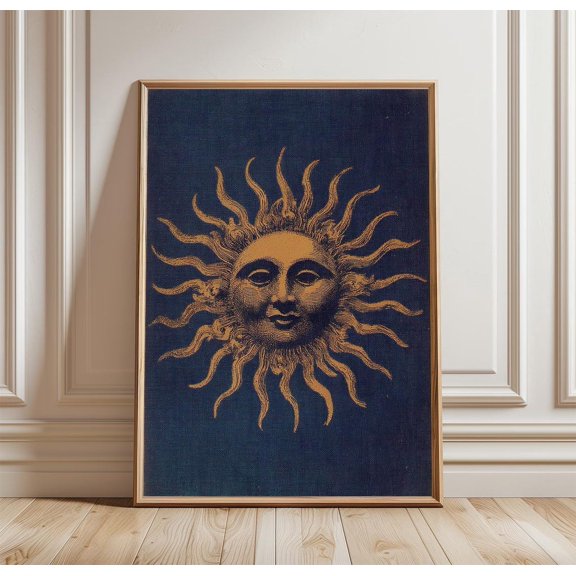 Gold Celestial Sun Poster Medieval Style Blue Wall Art Vintage Zodiac Illustration Print