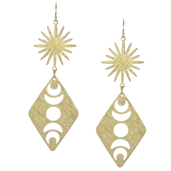 Gold Celestial Sun Rays and Lunar Moon Phase Boho Statement Earrings,Hypoallergenic Ear Wires