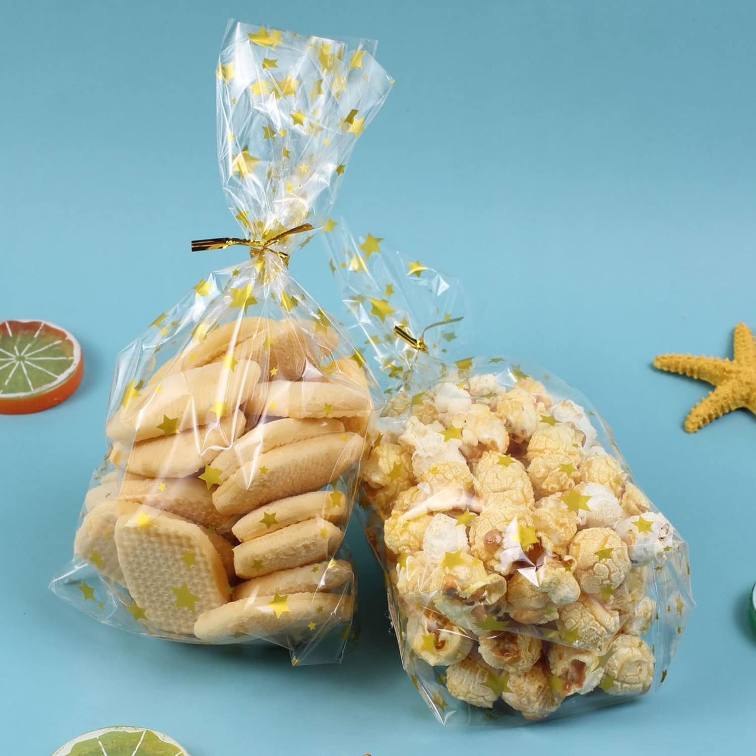 Gold Cellophane Bags,Star Cellophane Treat Bags With Twist Ties,Thick
