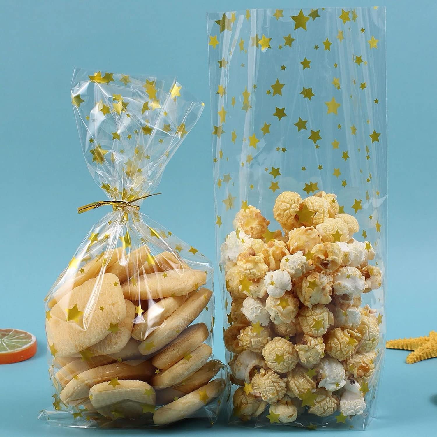 Gold Cellophane Bags,Star Cellophane Treat Bags with Twist Ties,Thick