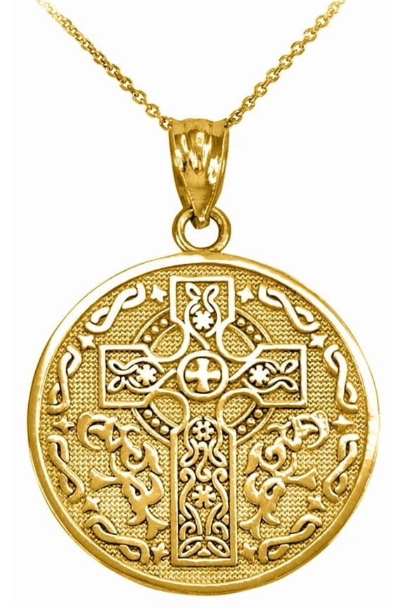 Gold Celtic Cross Irish Blessing Textured Coin Medallion Pendant Necklace (10K Yellow Gold, Pendant with 22" chain)