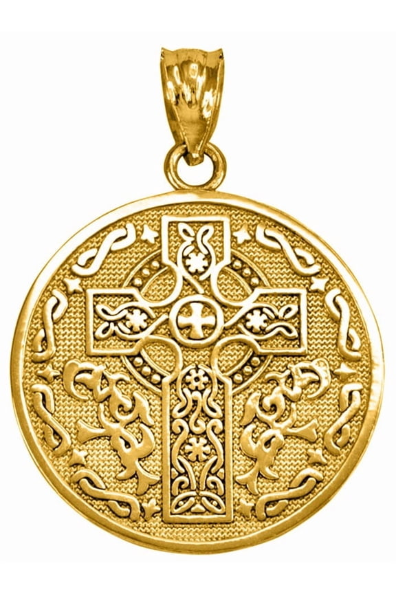 Gold Celtic Cross Irish Blessing Textured Coin Medallion Pendant Necklace (14K Yellow Gold, Pendant Only)