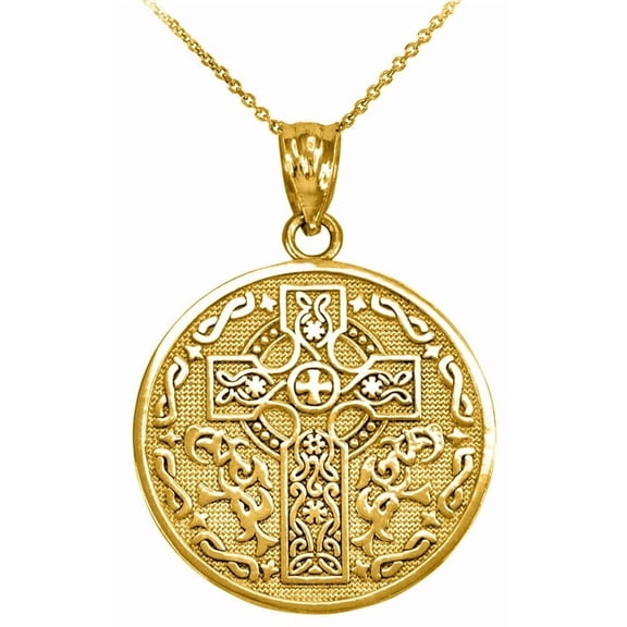Gold Celtic Cross Irish Blessing Textured Coin Medallion Pendant Necklace (14K Yellow Gold, Pendant with 16" chain)