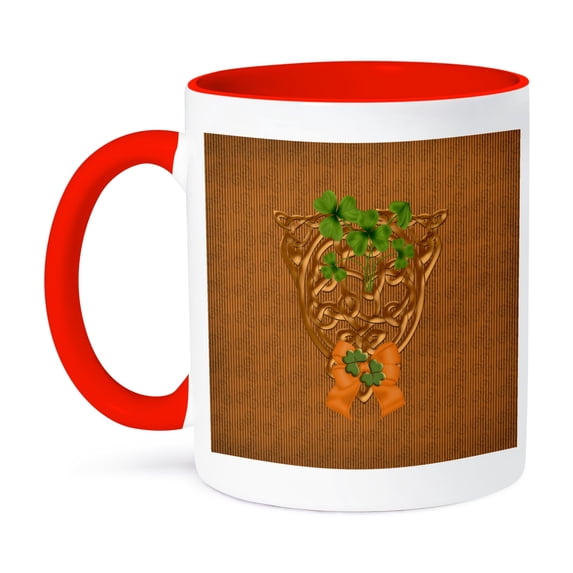 3dRose, Gold Celtic Design with Green Shamrocks, Orange Bow, 11oz Two-Tone Red Mug