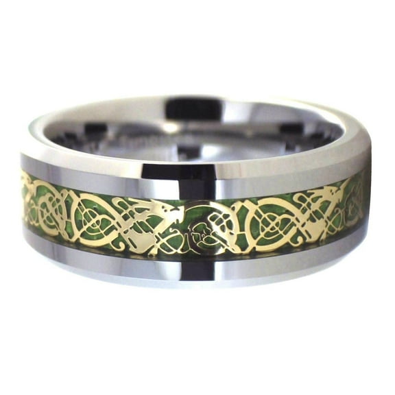 Gold Celtic Dragon Tungsten Ring Green Carbon Fiber Wedding Bands