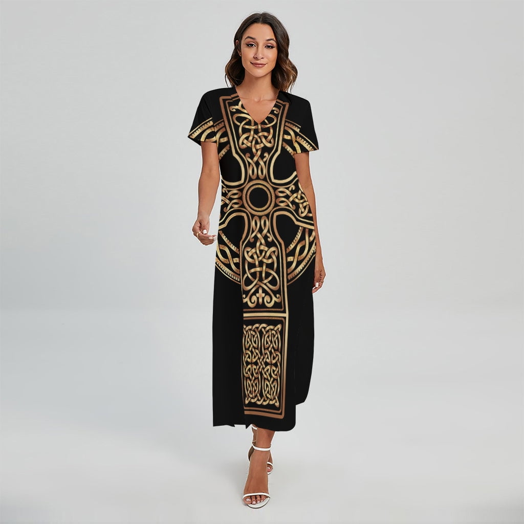 Gold Celtic Knot Cross Printed Short Sleeve Maxi Dress, Irish St ...