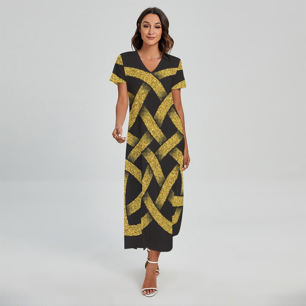 NOBRAND Gold Celtic Knot Symbol Printed Short Sleeve Maxi Dress, Irish St. Patrick'S Day Fashion Summer Maxi Dress For Women, Women's, Size: Small