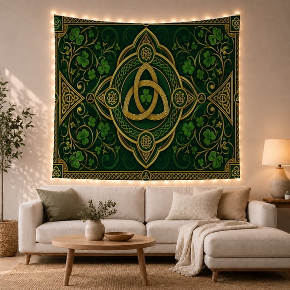 Gold Celtic Triquetra Knot Against Dark Green Background, Mystical Gothic for Irish Heritage Fans, Celtic Art Decor, St. Patrick's Day Gift, Tapestry Wall Hanging for Living Room and Bedroom