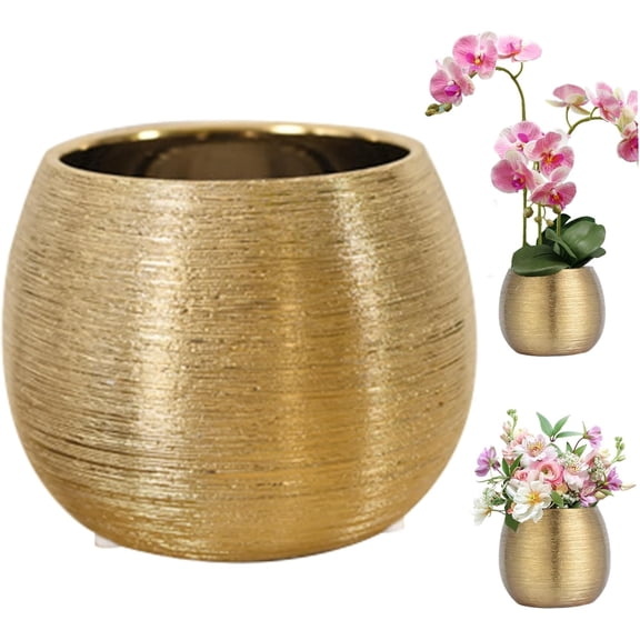 Gold Ceramic Flower Pot, Round, Non Slip, 5x5x4 Inch