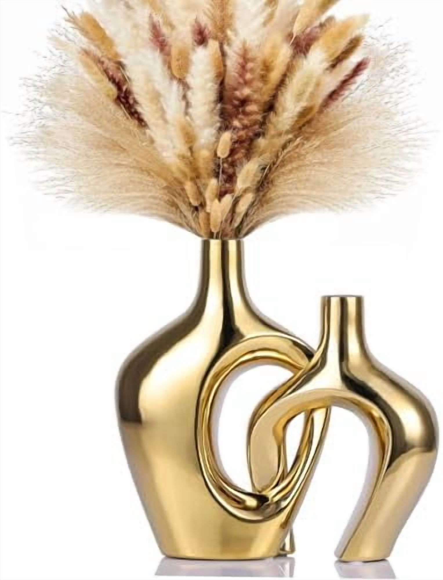 Gold Ceramic Vases Set of 2 – Modern Round Vases for Pampas Grass ...