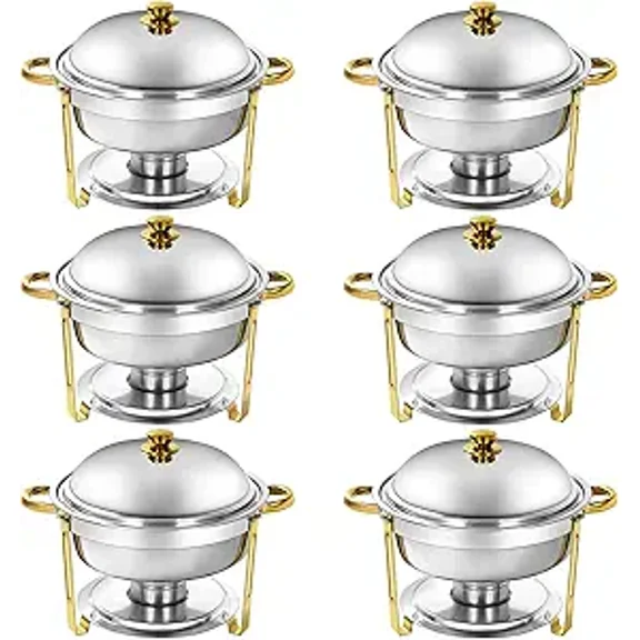 Gold Chafing Dish Buffet Sets 6Pack, 6QT Round Stainless Steel Chafers and Buffet Warmers Sets with Lid for Catering Events, Polished