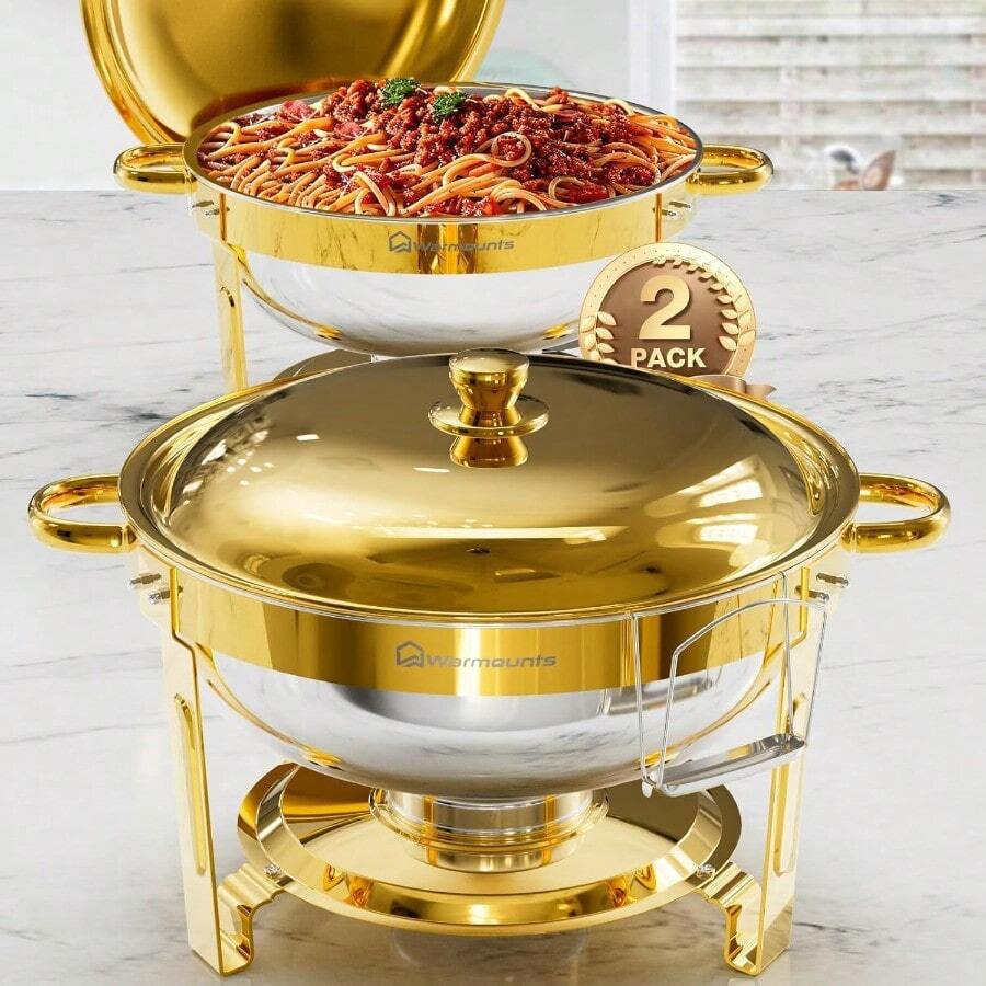 WARMOUNTS Chafing Dish Buffet Set, 5QT Gold Stainless Steel Chafers And Buffet Warmers Sets With Glass Lid & Lid Holder For Parties Catering Events Weddings Banquets (2