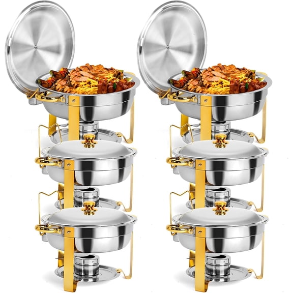 Gold Chafing Dishes for Buffet, 6QT 6 Pack Round Stainless Steel Chafing Dish Set with Lid Holder, Buffet Warmer Set with Stackable Design for Parties Christmas Gatherings Catering Events