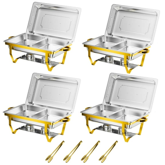 4-Piece 9.5QT Gold Stainless Steel Chafing Dish Set - Buffet Food Warmers with Tongs for Parties & Catering