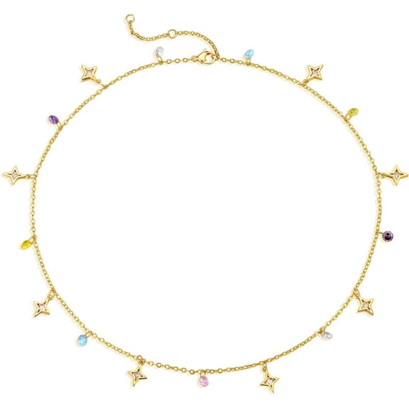 Gold Chain Choker Necklace for Women, 14k Gold Plated Adjustable Star Dangle Dainty Chain Long Necklace Delicate Fashion Jewelry Gift