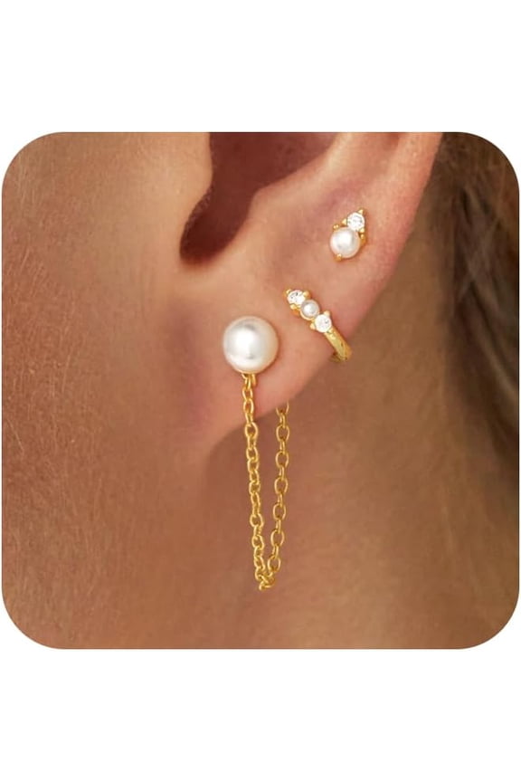 Gold Chain Dangle Earrings For Women: Dainty Diamond Chain Hoop Earrings 14K Gold Plated Star Earrings For Women Trendy Pearl Stud Earring Stacks Hypoallergenic Cartilage Jewelry For Women[Z1]