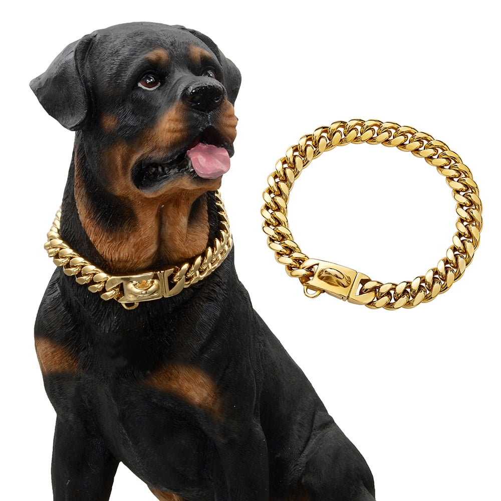 Gold Chain Dog Collar - 7/8 inch Wide Metal Cuban Link Dog Necklace with  Leather Belt, Lightweight Protect Puppy's Neck, Cute Fashion Dog Jewelry