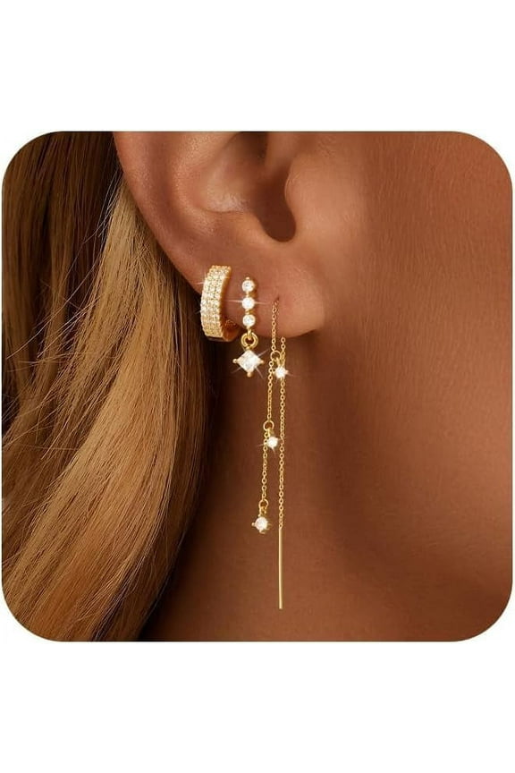 Gold Chain Earrings for Women 3/4 Pairs Dangle Dainty Stack 14K Gold Plated Hoop Earrings Set Trendy Hypoallergenic Cubic Zirconia Stud Earrings for Women Jewelry