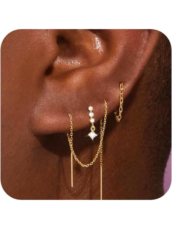 Gold Chain Earrings for Women 3/4 Pairs Dangle Dainty Stack 14K Gold Plated Hoop Earrings Set Trendy Hypoallergenic Cubic Zirconia Stud Earrings for Women Jewelry