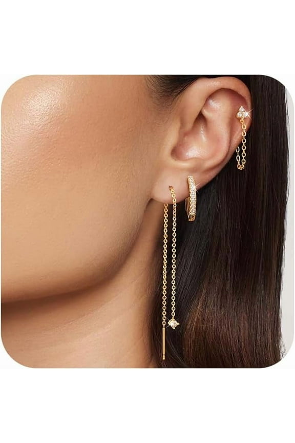 Gold Chain Earrings for Women Dainty Long Dangle Chain Earring Set, Hypoallergenic Hoop Cubic Zirconia Stud Earring Stack, Chain Drop Earrings Jewelry Trendy for Women 3 Pairs