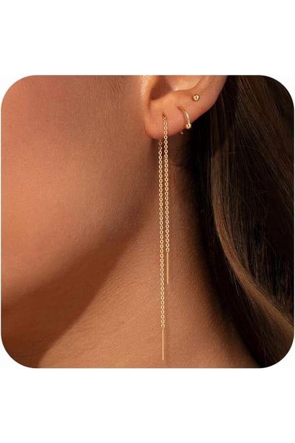 Gold Chain Earrings for Women Dainty Long Dangle Chain Earring Set, Hypoallergenic Hoop Cubic Zirconia Stud Earring Stack, Chain Drop Earrings Jewelry Trendy for Women 3 Pairs