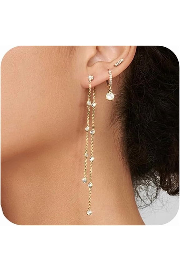 Gold Chain Earrings for Women Dainty Long Dangle Chain Earring Set, Hypoallergenic Hoop Cubic Zirconia Stud Earring Stack, Chain Drop Earrings Jewelry Trendy for Women 3 Pairs