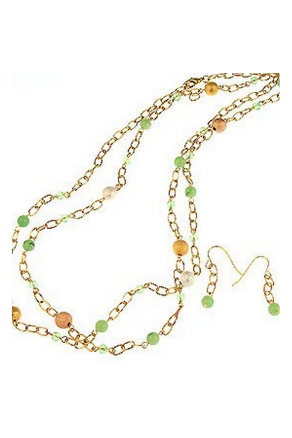 Gold Chain Golden Beaded with Lime Color Pearl Like Beaded Necklace & Earring Set - NE-CQN2254F