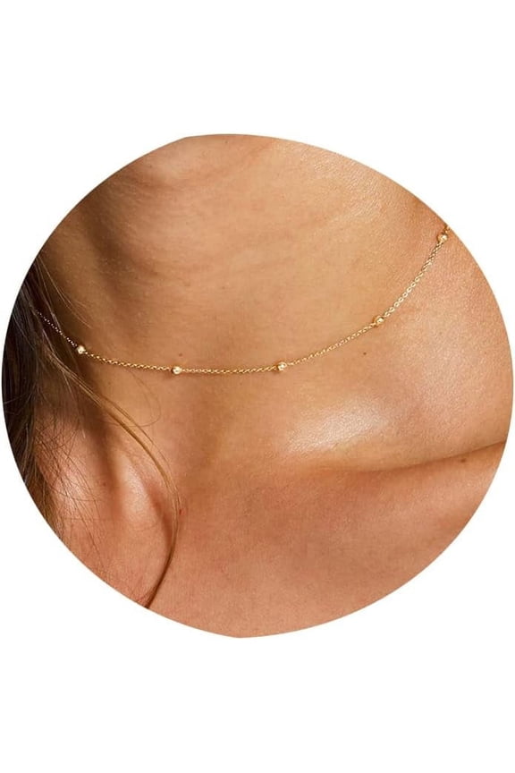 Gold Chain Necklace for Women, 14k Gold Plated Thin Beaded Wave Box Chain Necklace Dainty Gold Necklace Simple Layered Gold Choker Necklaces Minimalist Gold Link Chain Trendy Jewelry for Women
