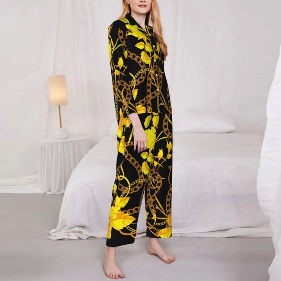 Gold Chain Pajama Sets Links Print Lovely Sleepwear Women Long Sleeve Casual Loose Night 2 Piece Nightwear Large Size 2XL