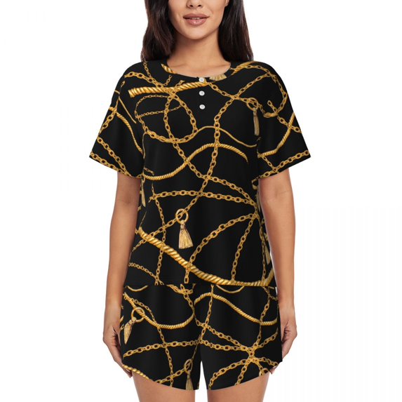 Gold Chain Pajamas ShortSleeve Blue Floral Print 2 Piece Sleep Pajamas Set Daily Women O Neck Kawaii Sleepwear